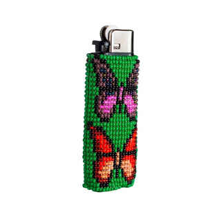 Green Parpar - Beaded Lighter Case with Colorful Butterfly - Plum Sage Flowers
