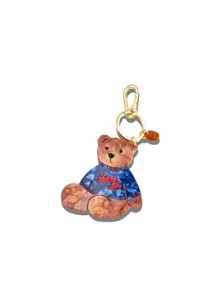 Hand - painted Apres Ski Teddy Bear Bag Charm + Keychain - Plum Sage Flowers