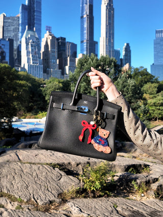 Hand - painted Apres Ski Teddy Bear Bag Charm + Keychain - Plum Sage Flowers