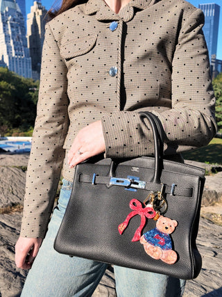 Hand - painted Apres Ski Teddy Bear Bag Charm + Keychain - Plum Sage Flowers