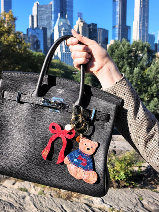 Hand - painted Apres Ski Teddy Bear Bag Charm + Keychain - Plum Sage Flowers