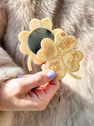 Hand - painted Lucky Clover Compact Mirror - Plum Sage Flowers